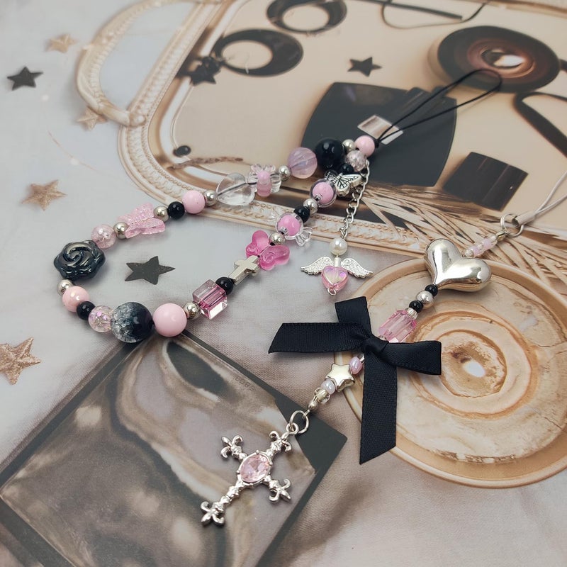 cioatu 2 Pack Phone Charms, Cute Aesthetic Beaded PhoneCharm Strap Phone Lanyard String PhoneChain Accessories for Bag Keychain Airpods Camera Pendants (Pink & Black) - Image 2