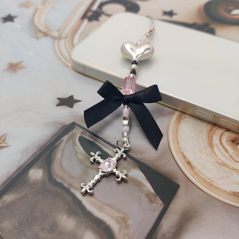 cioatu 2 Pack Phone Charms, Cute Aesthetic Beaded PhoneCharm Strap Phone Lanyard String PhoneChain Accessories for Bag Keychain Airpods Camera Pendants (Pink & Black) - Image 5