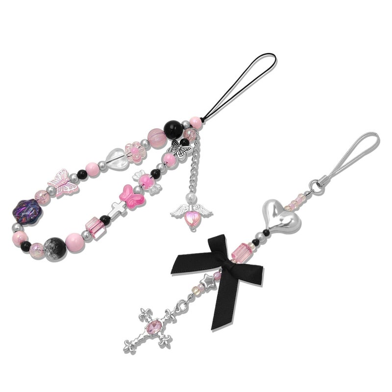 cioatu 2 Pack Phone Charms, Cute Aesthetic Beaded PhoneCharm Strap Phone Lanyard String PhoneChain Accessories for Bag Keychain Airpods Camera Pendants (Pink & Black) - Image 1