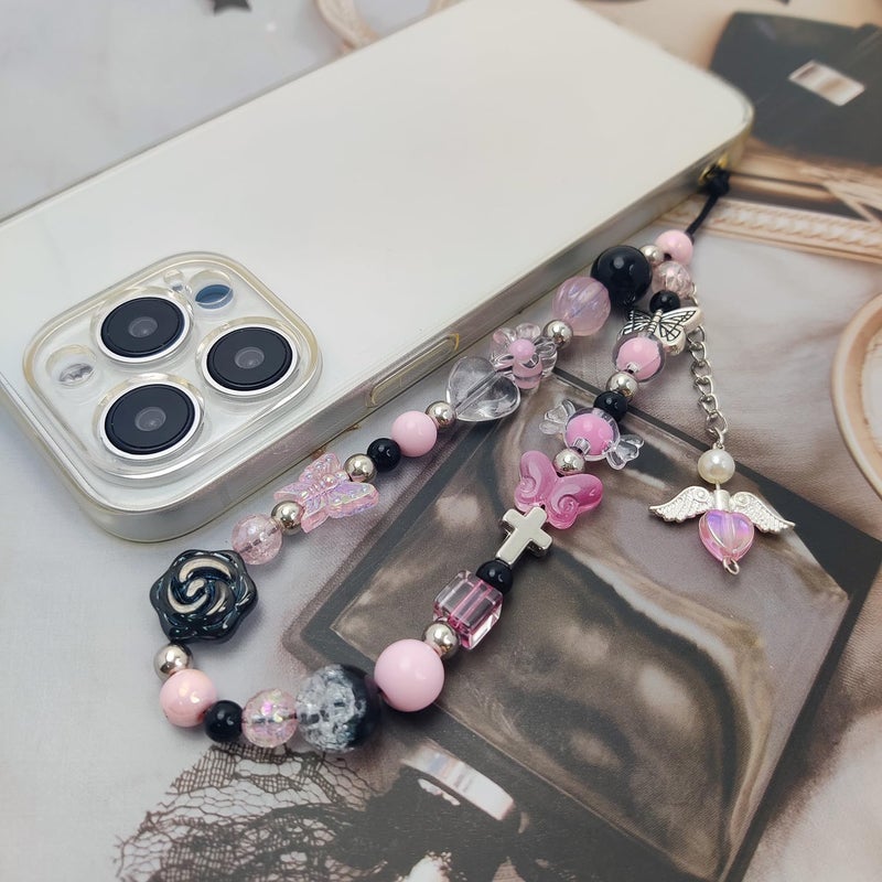 cioatu 2 Pack Phone Charms, Cute Aesthetic Beaded PhoneCharm Strap Phone Lanyard String PhoneChain Accessories for Bag Keychain Airpods Camera Pendants (Pink & Black) - Image 4
