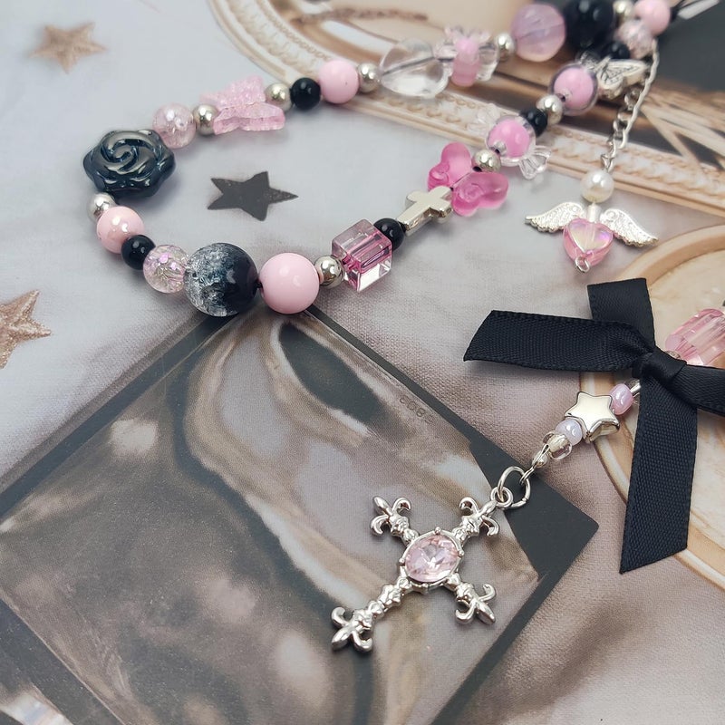 cioatu 2 Pack Phone Charms, Cute Aesthetic Beaded PhoneCharm Strap Phone Lanyard String PhoneChain Accessories for Bag Keychain Airpods Camera Pendants (Pink & Black) - Image 3