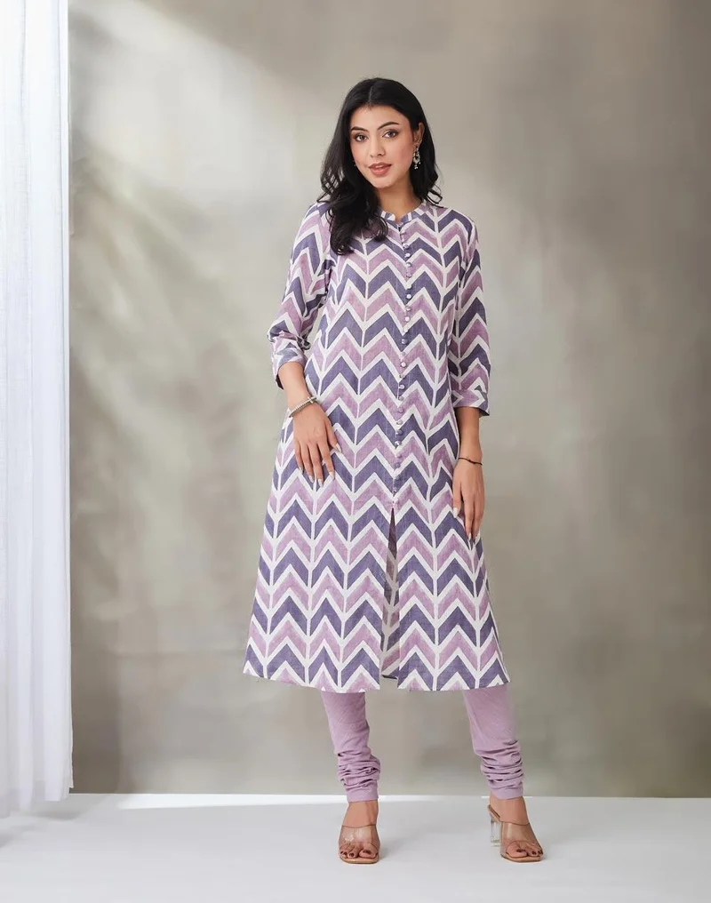 Fabindia Purple Cotton Hand Block Printed Slim Fit Kurta & Churidar Set