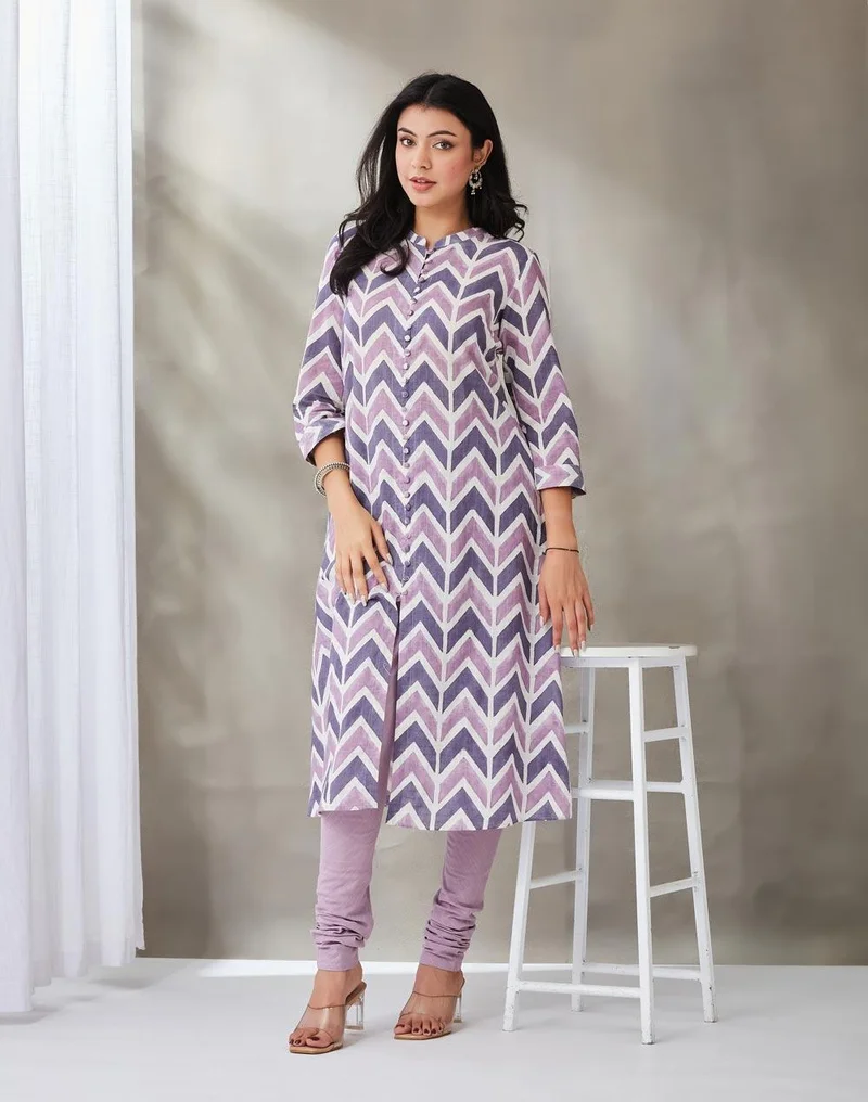 Fabindia Purple Cotton Hand Block Printed Slim Fit Kurta & Churidar Set