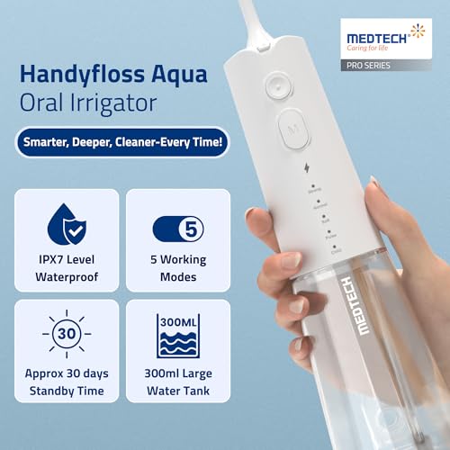 MEDTECH Handyfloss Aqua Water Flosser for Teeth | 300 ML Large Water Tank | 5 Cleaning Modes | 3 Jet Tips | USB Type-C Rechargeable Dental Water Flosser | Water-Resistant Oral Irrigator | 1-Year Warranty - Image 2