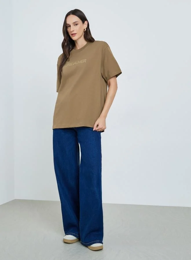 تايك تو Brown Text Print Oversized Cotton T-Shirt