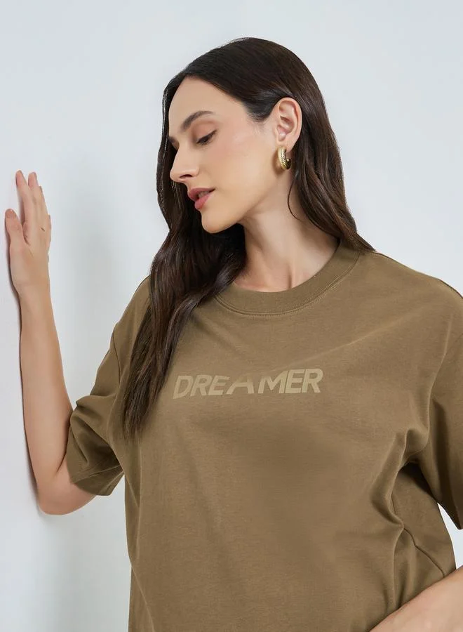 Take Two Brown Text Print Oversized Cotton T-Shirt
