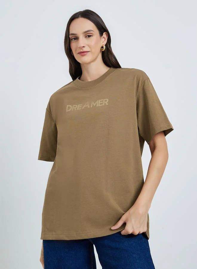 تايك تو Brown Text Print Oversized Cotton T-Shirt