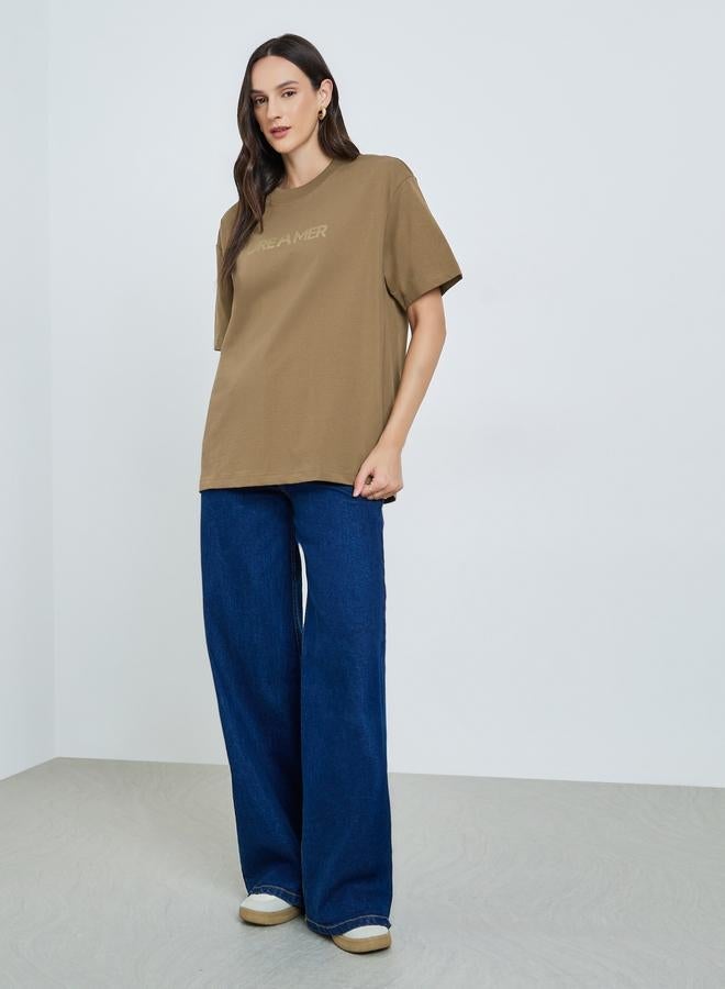 Take Two Brown Text Print Oversized Cotton T-Shirt - Image 3