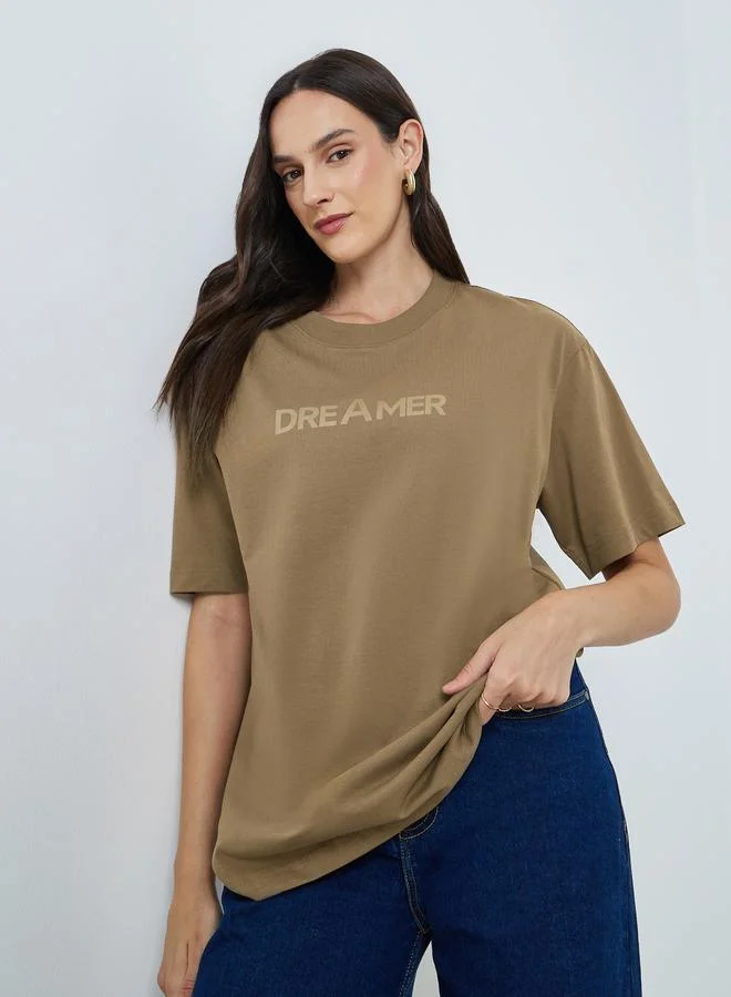 Take Two Brown Text Print Oversized Cotton T-Shirt