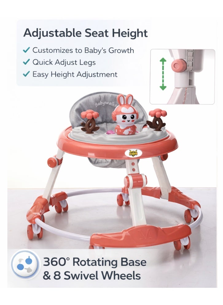 Gold Mantis Baby Walker with Activity Tray, Adjustable Height Infant Learning Walker with 360° Wheels, Foldable Toddler Walking Trainer with Safety Seat for Boys & Girls (Pink) - Image 5