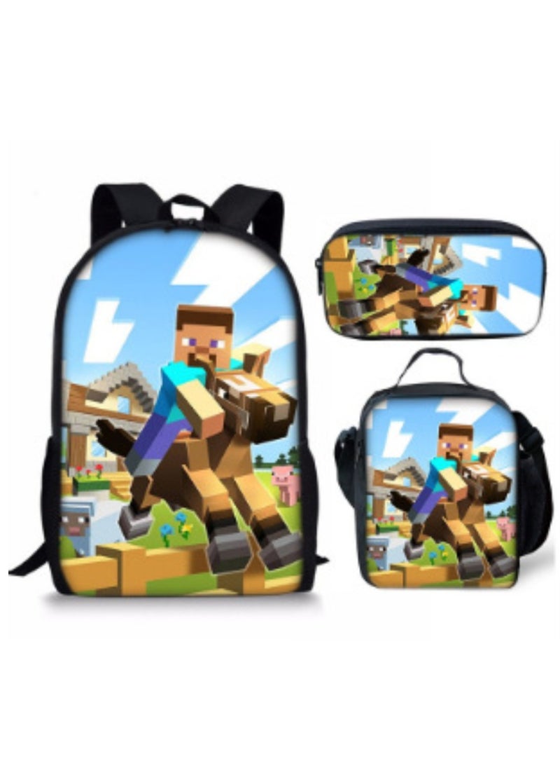 MINECRAFT Digital Printing Large Capacity Backpack Three piece Set Lunch Bag Pen Bag Polyester Comfortable Load Reducing Backpack for Students and Children Unisex  - Image 1