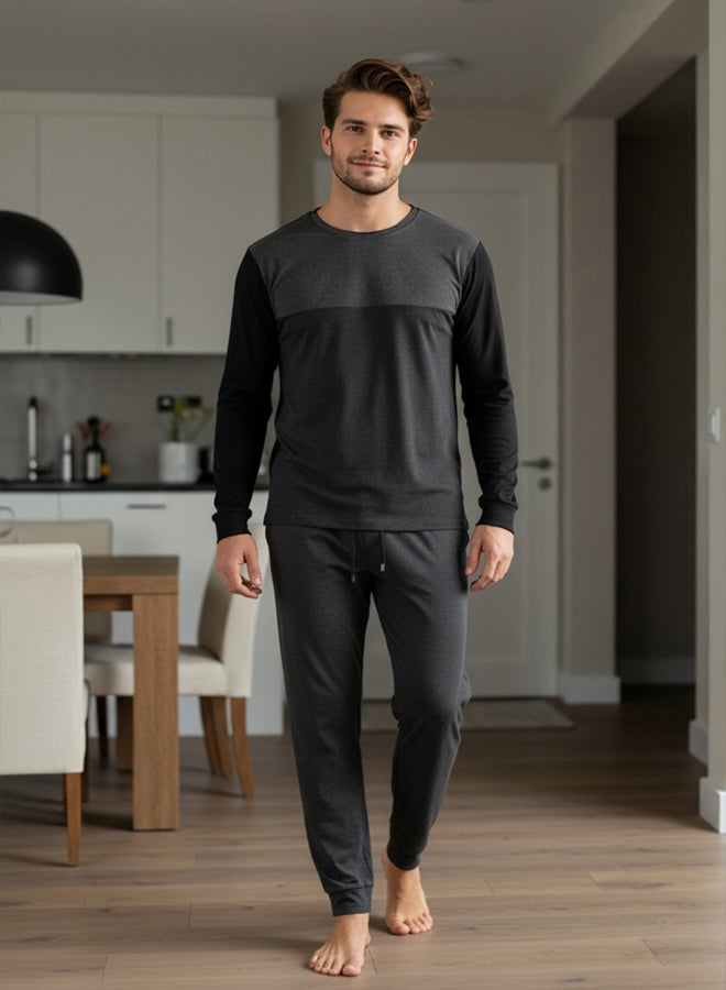 trendyol Anthracite Melange Regular Fit Color Block Knitted Pajama Set - Image 1
