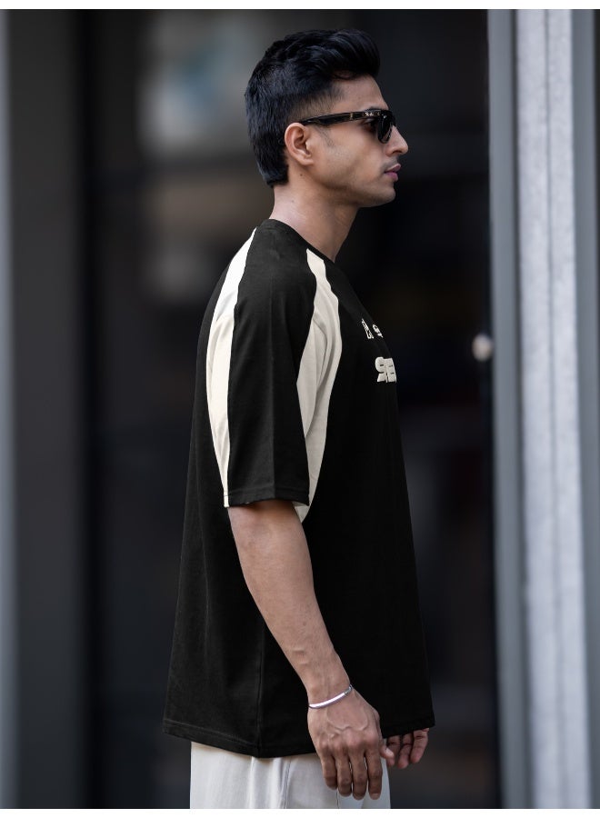 Maniac Maniac Mens Printed Round Neck Raglan Half Sleeve Black and Cream Cotton T-Shirt  - Image 4