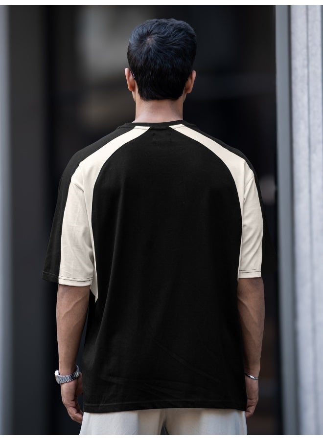 Maniac Maniac Mens Printed Round Neck Raglan Half Sleeve Black and Cream Cotton T-Shirt  - Image 5