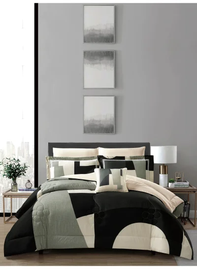 Donetella Bedding Comforter Set, King Size Fits 200x200 cm - 7-Pcs Digital Print Quilted Bed Set, Microfiber Fabric - 1 Comforter, 1 Fitted Sheet, 2 Pillow Shams, 2 Pillowcases 1 Cushion Cover.