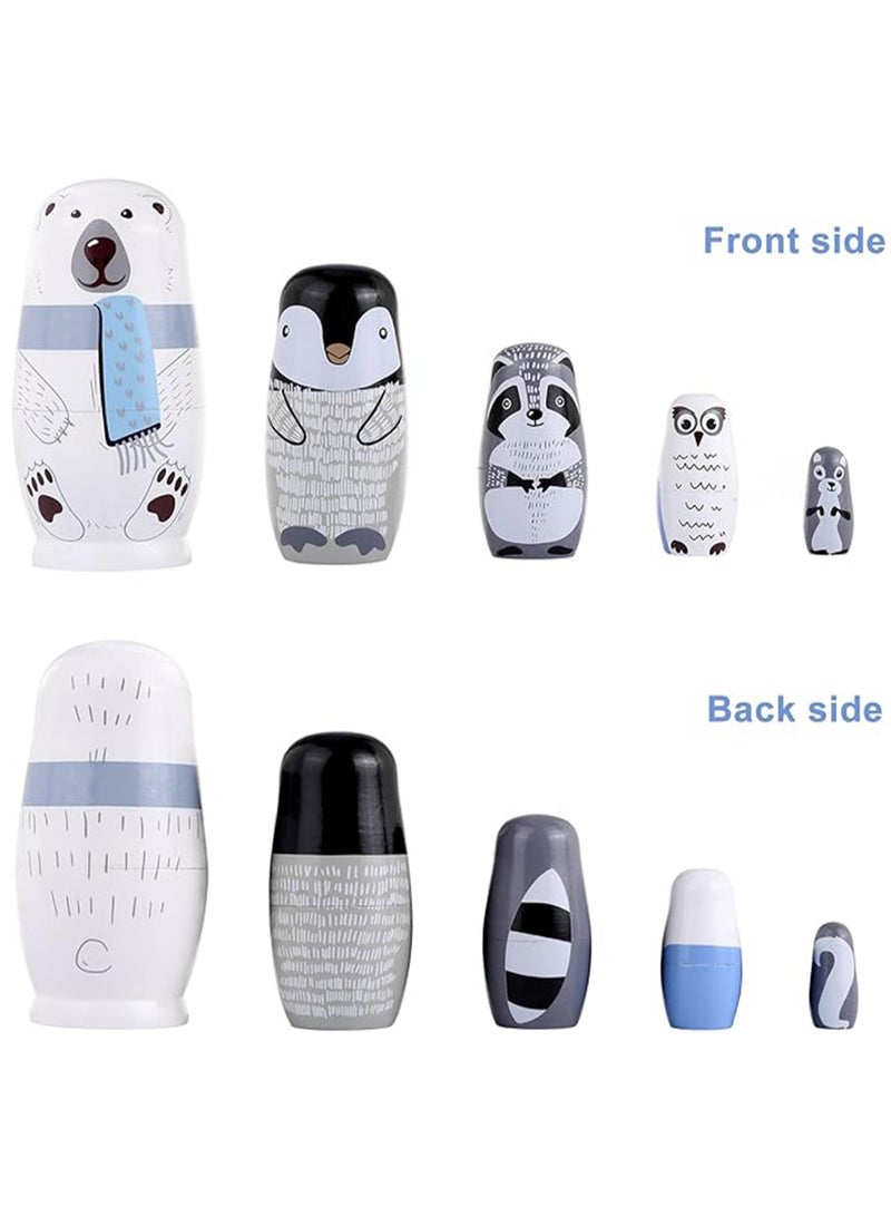 5-piece Russian Dolls Handmade Wooden Polar Bear Penguin Nesting Doll Set Home Decor, Desktop Ornaments, Children's Birthday Gift (Polar Bear) - Image 2