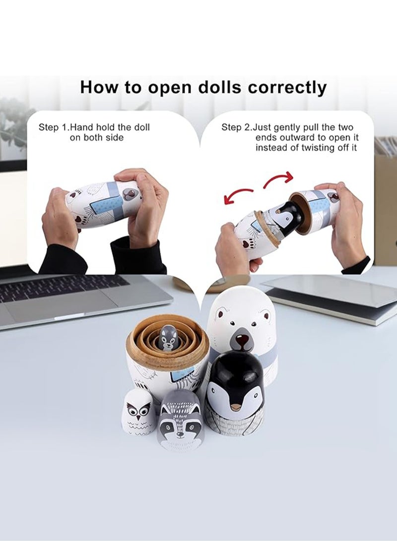 5-piece Russian Dolls Handmade Wooden Polar Bear Penguin Nesting Doll Set Home Decor, Desktop Ornaments, Children's Birthday Gift (Polar Bear) - Image 4