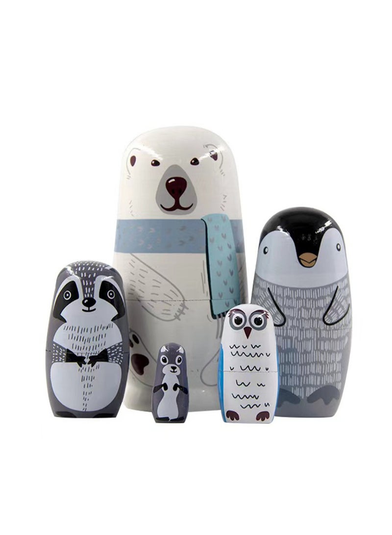 5-piece Russian Dolls Handmade Wooden Polar Bear Penguin Nesting Doll Set Home Decor, Desktop Ornaments, Children's Birthday Gift (Polar Bear) - Image 1