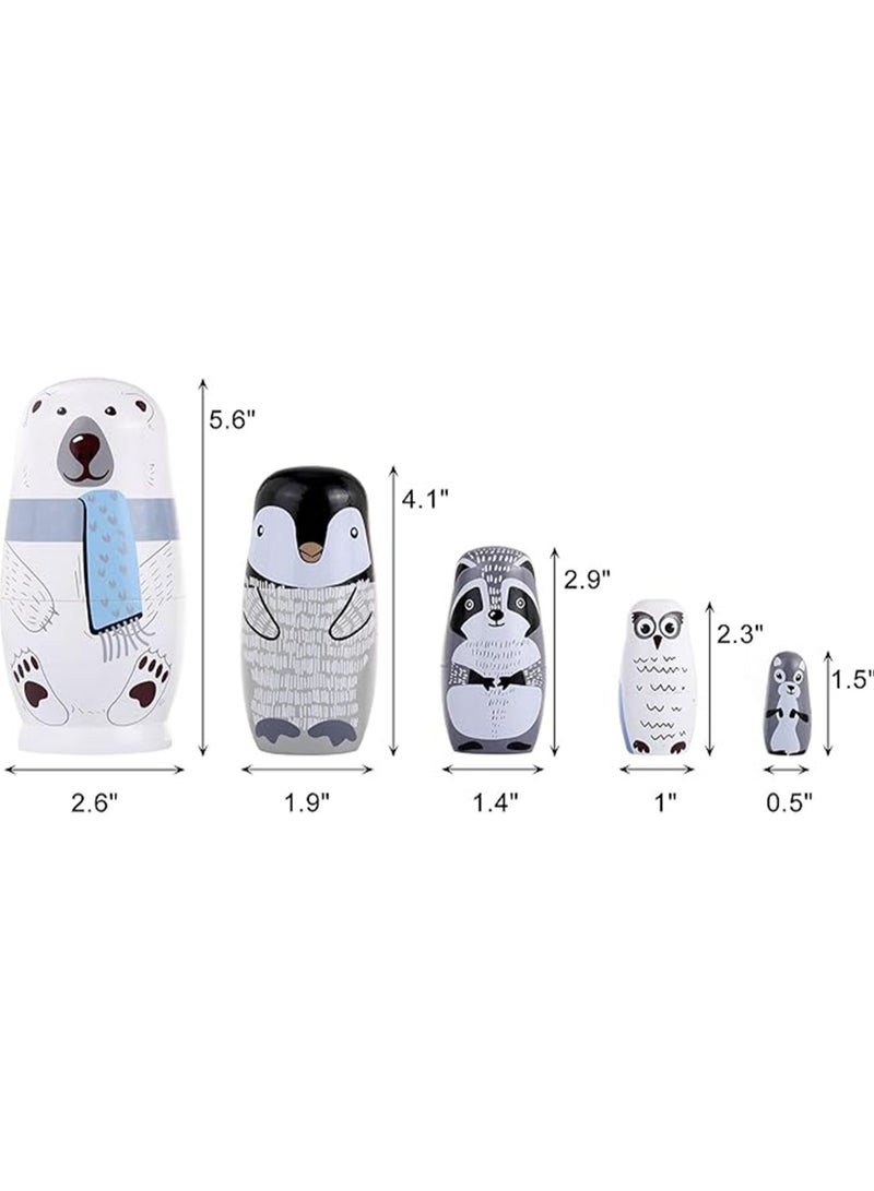 5-piece Russian Dolls Handmade Wooden Polar Bear Penguin Nesting Doll Set Home Decor, Desktop Ornaments, Children's Birthday Gift (Polar Bear) - Image 3