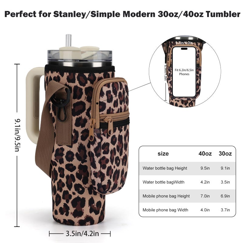 GOEWY Leopard Water Bottle Carrier Bag for Stanley 40oz Tumbler with Phone Pocket Water Bottle Holder with Strap Neoprene Water Bottle Pouch for Stanley Cup Accessories - Image 2