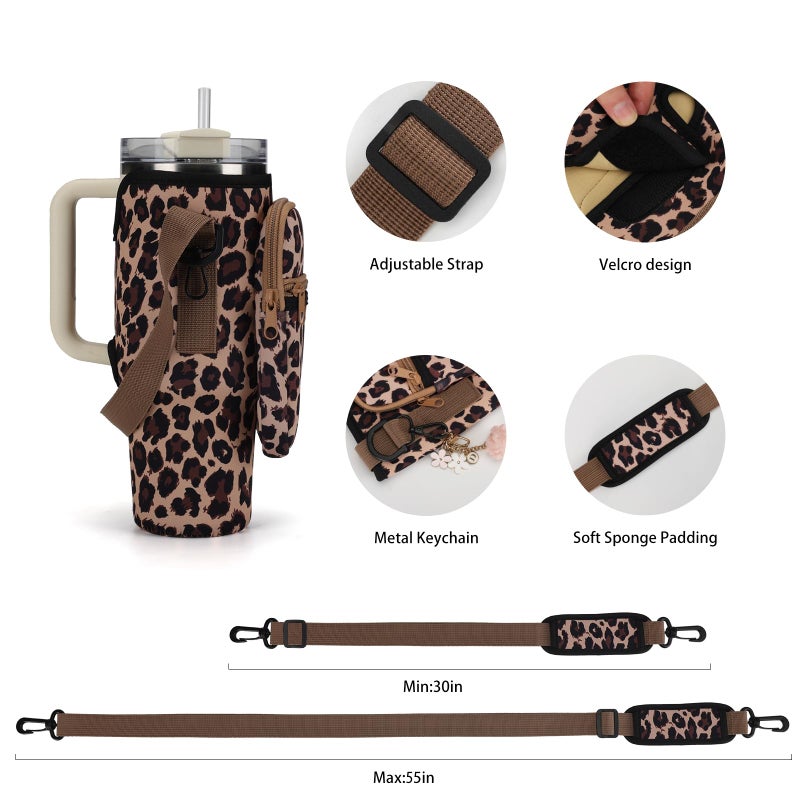 GOEWY Leopard Water Bottle Carrier Bag for Stanley 40oz Tumbler with Phone Pocket Water Bottle Holder with Strap Neoprene Water Bottle Pouch for Stanley Cup Accessories - Image 4