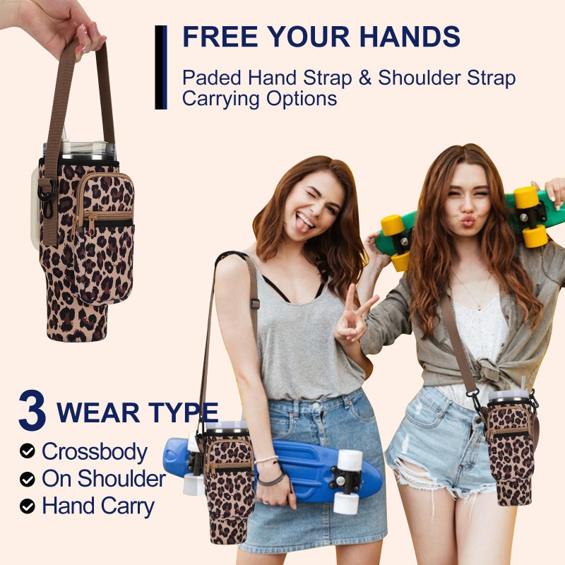 GOEWY Leopard Water Bottle Carrier Bag for Stanley 40oz Tumbler with Phone Pocket Water Bottle Holder with Strap Neoprene Water Bottle Pouch for Stanley Cup Accessories - Image 3