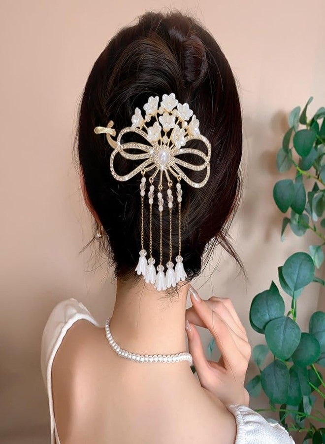 SIMAR ART 1 PCS Simar art Elegant Pearl Flower Hair Stick with Rhinestone Bow | Gold Tone Dangle Tassel Hair Pin for Women | Bridal, Wedding, Prom Hair Accessory - Image 5