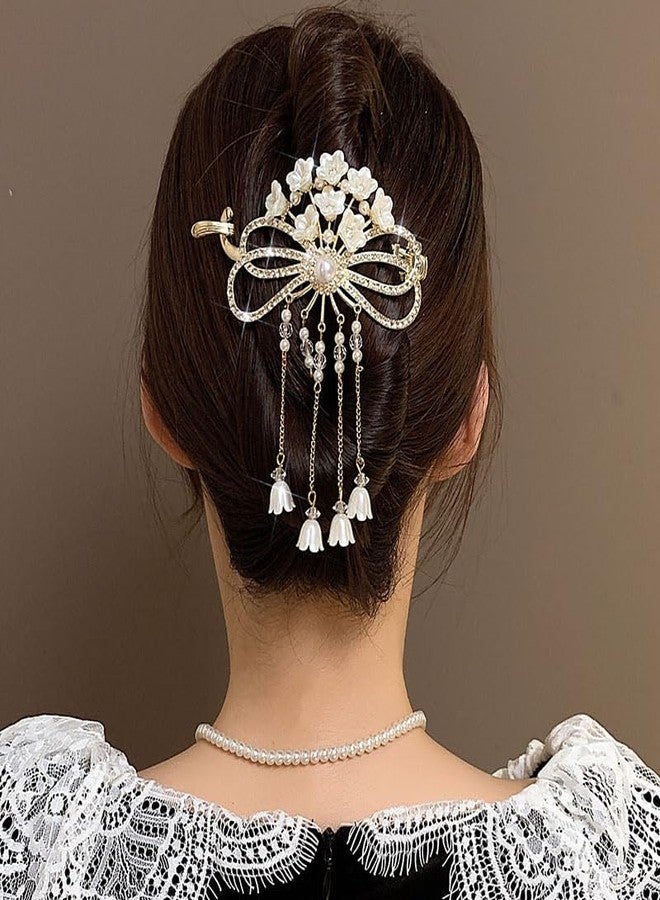 SIMAR ART 1 PCS Simar art Elegant Pearl Flower Hair Stick with Rhinestone Bow | Gold Tone Dangle Tassel Hair Pin for Women | Bridal, Wedding, Prom Hair Accessory - Image 1
