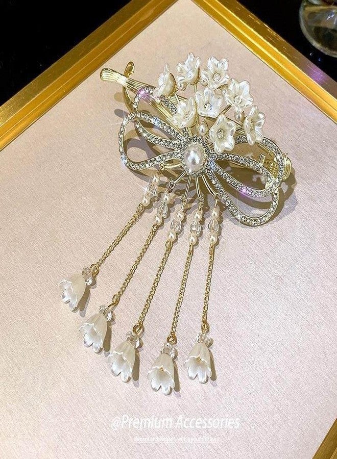 SIMAR ART 1 PCS Simar art Elegant Pearl Flower Hair Stick with Rhinestone Bow | Gold Tone Dangle Tassel Hair Pin for Women | Bridal, Wedding, Prom Hair Accessory - Image 4