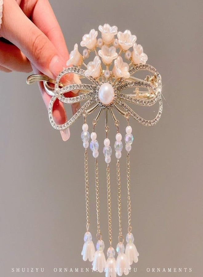 SIMAR ART 1 PCS Simar art Elegant Pearl Flower Hair Stick with Rhinestone Bow | Gold Tone Dangle Tassel Hair Pin for Women | Bridal, Wedding, Prom Hair Accessory - Image 2