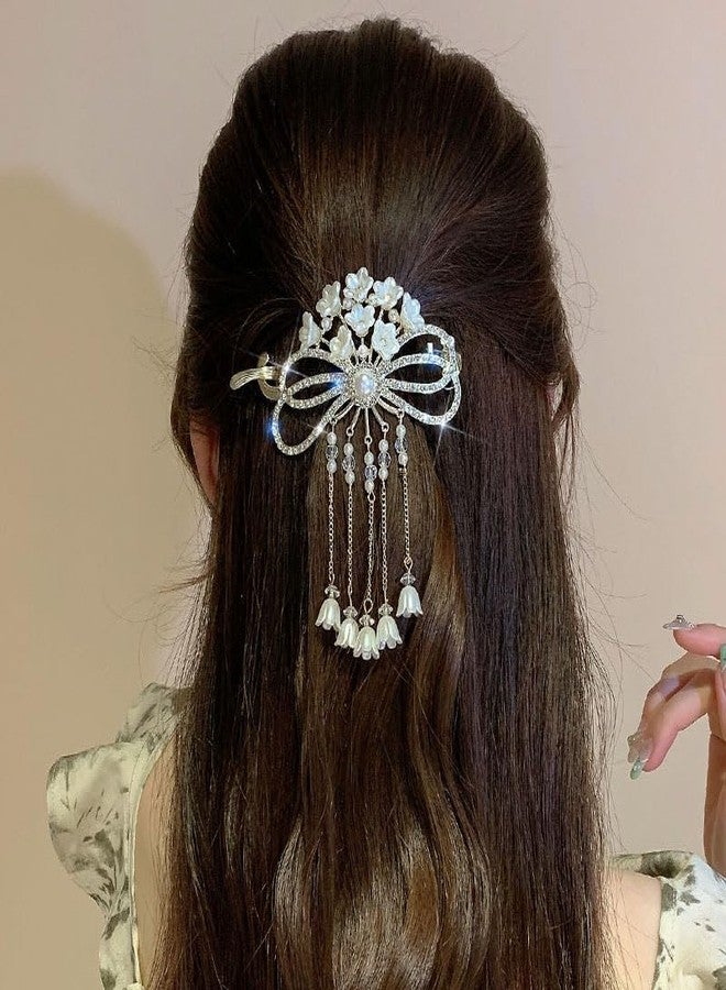 SIMAR ART 1 PCS Simar art Elegant Pearl Flower Hair Stick with Rhinestone Bow | Gold Tone Dangle Tassel Hair Pin for Women | Bridal, Wedding, Prom Hair Accessory - Image 3