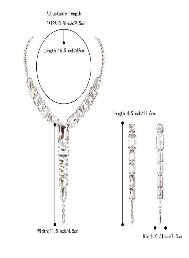 BriLove Women's Fashion Rhinestone Square Necklace Dangle Earrings Sparkly Crystal Geometric Statement Jewelry Set for Party Prom Clear Silver-Tone - Image 5