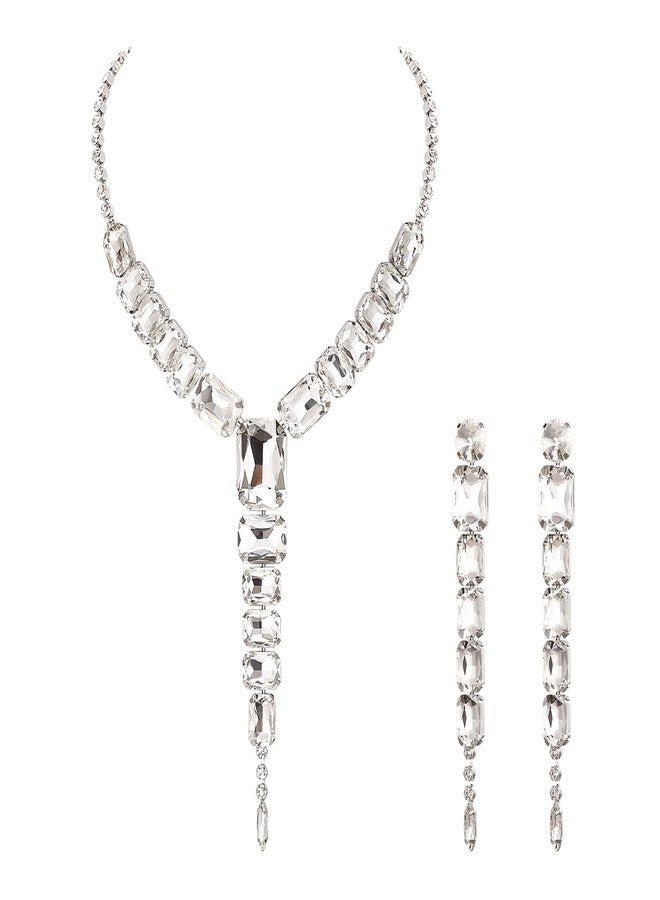 BriLove Women's Fashion Rhinestone Square Necklace Dangle Earrings Sparkly Crystal Geometric Statement Jewelry Set for Party Prom Clear Silver-Tone - Image 1