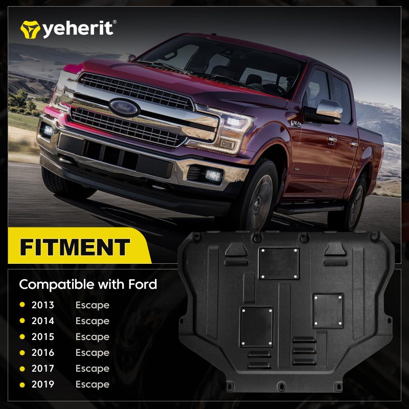 YEHERIT Engine Splash Shield Guard Compatible with Ford Escape 2013 2014 2015 2016 2017 2018 2019 Under Car Shield Cover Directly Replace Original One Black - Image 2