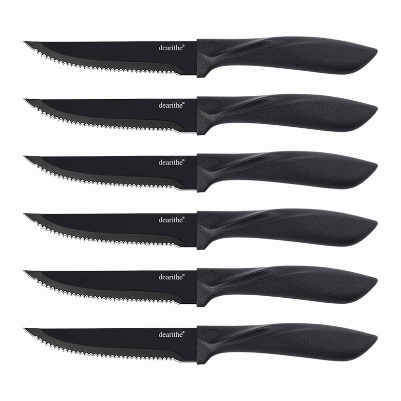 dearithe Steak knives set of 6 Black Serrated Stainless Steel Sharp Blade Flatware Steak Knife Set 45 InchesNon stick coating for Antirusting for Restaurant Tableware Kitchen Camping