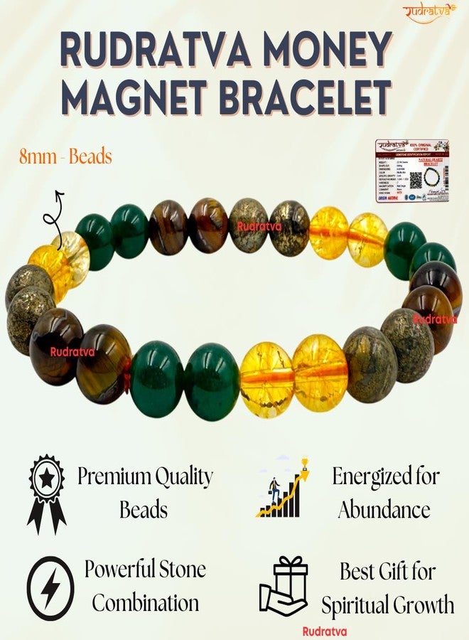 Rudratva Money Magnet Bracelet | Original Certified 8mm Beads | Pyrite, Citrine, Green Aventurine & Tiger Eye Stones | Attract Wealth, Success & Financial Prosperity | Unisex Spiritual Bracelet for Men & Women - Image 3