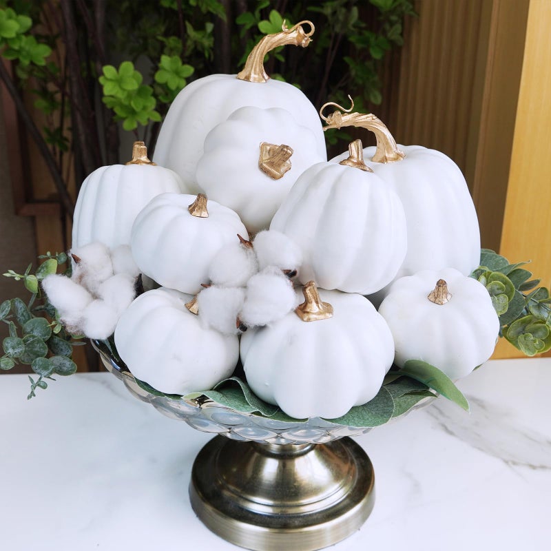 Winlyn Winlyn 10 Pcs Assorted White Artificial Pumpkins Harvest White Pumpkins Decorative Pumpkins Foam Rustic Fall Pumpkins for Autumn Fall Wedding Thanksgiving Halloween Props Home Seasonal Mantel D?cor  - Image 5