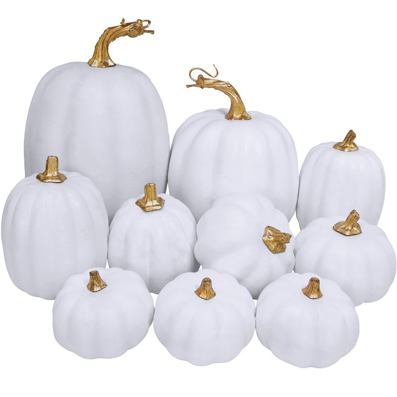 Winlyn Winlyn 10 Pcs Assorted White Artificial Pumpkins Harvest White Pumpkins Decorative Pumpkins Foam Rustic Fall Pumpkins for Autumn Fall Wedding Thanksgiving Halloween Props Home Seasonal Mantel D?cor  - Image 1