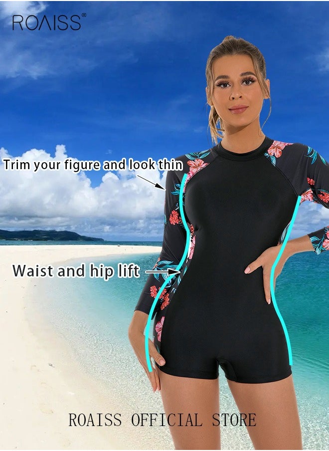 roaiss - Women One Piece Backless Swimsuit Color Block Surf Clothes Long Sleeve Swimwear Conservative Beachwear Bathing Suit Sports Suits Jumpsuit - Image 1