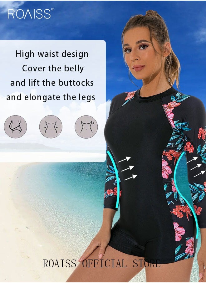 roaiss - Women One Piece Backless Swimsuit Color Block Surf Clothes Long Sleeve Swimwear Conservative Beachwear Bathing Suit Sports Suits Jumpsuit - Image 1