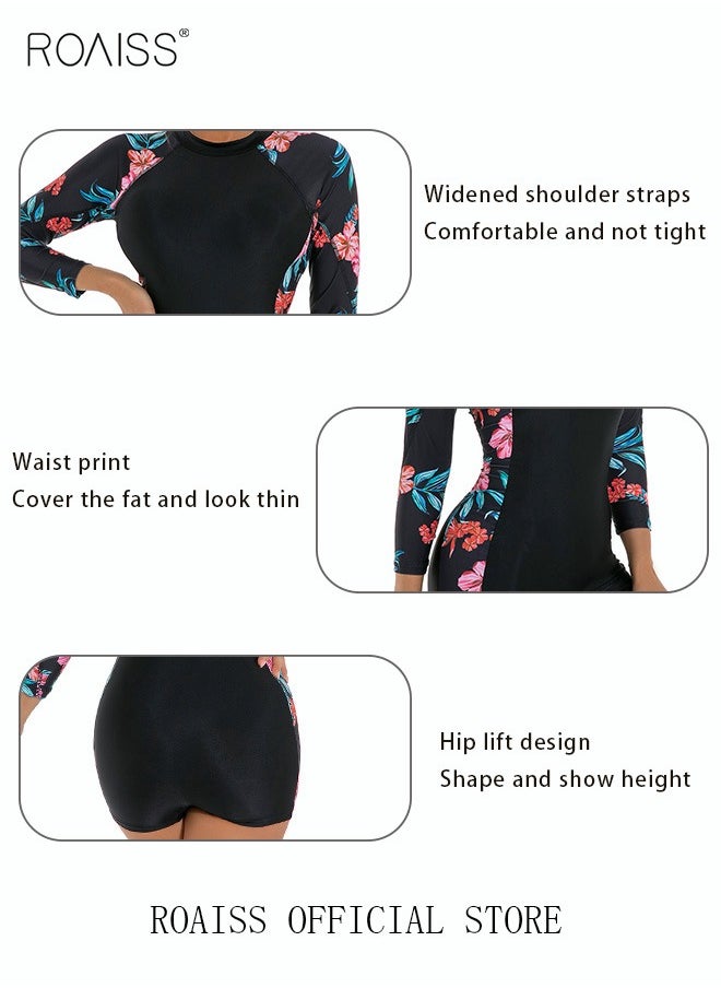 roaiss - Women One Piece Backless Swimsuit Color Block Surf Clothes Long Sleeve Swimwear Conservative Beachwear Bathing Suit Sports Suits Jumpsuit - Image 1