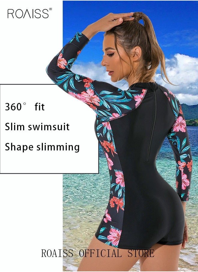 roaiss - Women One Piece Backless Swimsuit Color Block Surf Clothes Long Sleeve Swimwear Conservative Beachwear Bathing Suit Sports Suits Jumpsuit - Image 1