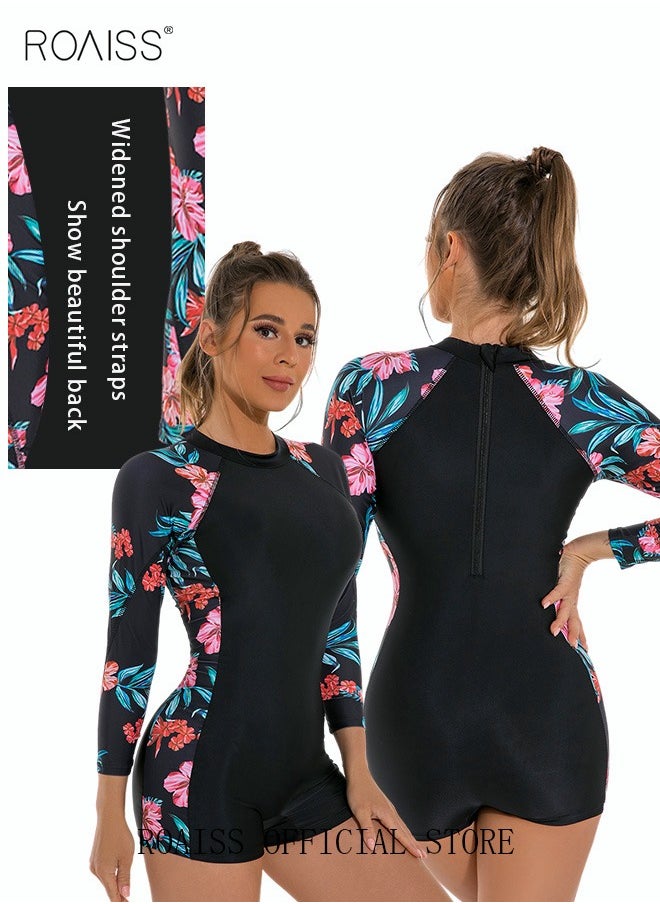 roaiss - Women One Piece Backless Swimsuit Color Block Surf Clothes Long Sleeve Swimwear Conservative Beachwear Bathing Suit Sports Suits Jumpsuit - Image 1