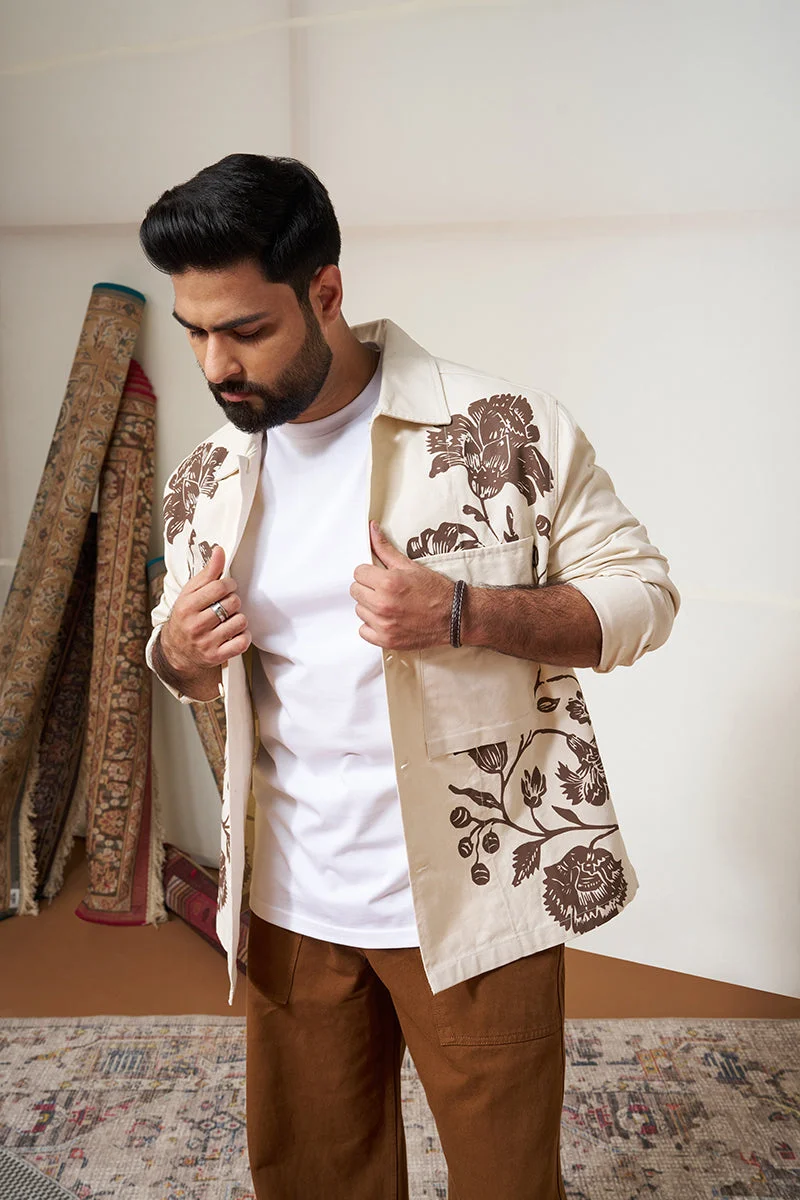 سنيتش Beige Floral Long Sleeve Relaxed Overshirt