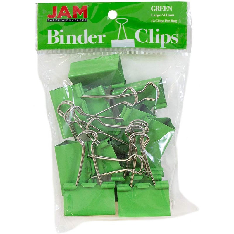 JAM PAPER Colorful Binder Clips - Large - 1 1/2 Inch (41 mm) - Green Binderclips - 12/Pack - Image 1