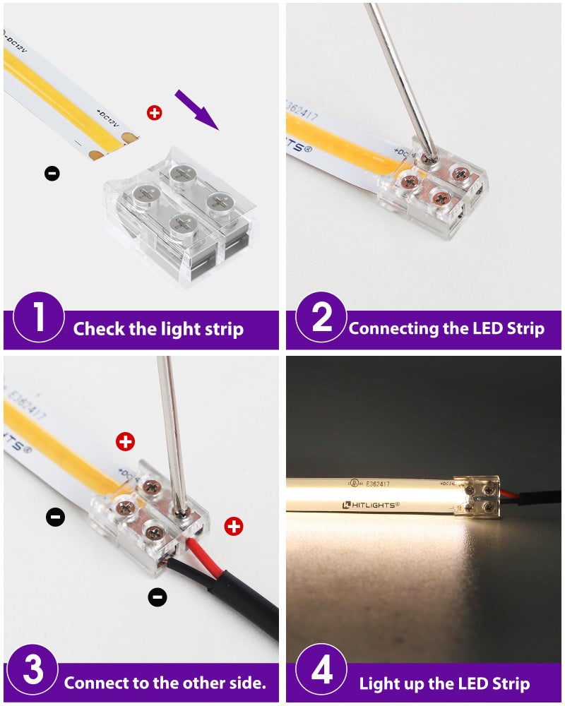 HitLights 12 Pack LED Connector 2 Pin 8mm Solderless LED Tape Lights Connector Transparent LED Strip Lights Connectors with Screwdriver Strip to Wire for 12V 24V Single Color LED Light Strips - Image 5