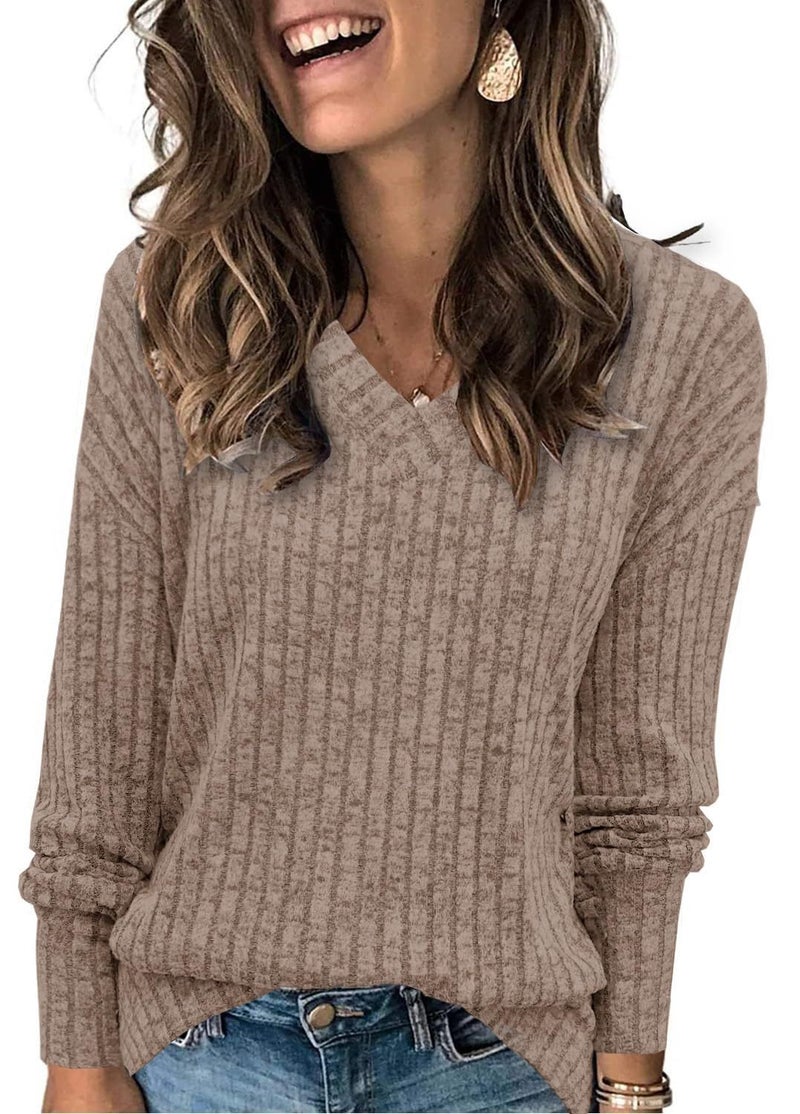2024wish Women's Long Sleeve V-Neck Ribbed Brushed Knit Top