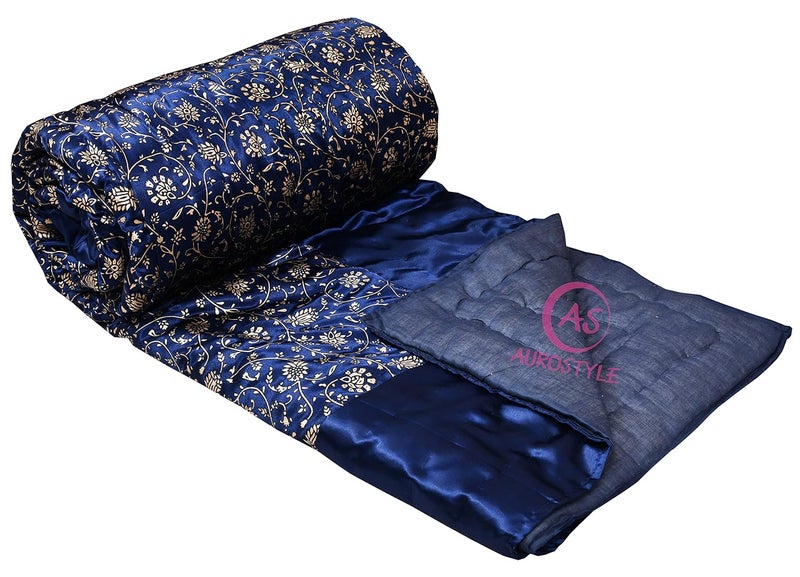 AUROSTYLE Rajasthani Cotton Filled Light Weight Silk Soft Jaipuri AC QuiltRazai Dohar Over All Floral Print Design with Gold Print Quilts Blankets for Home 85x55 InchBlue Jaal Print Single Bed - Image 4