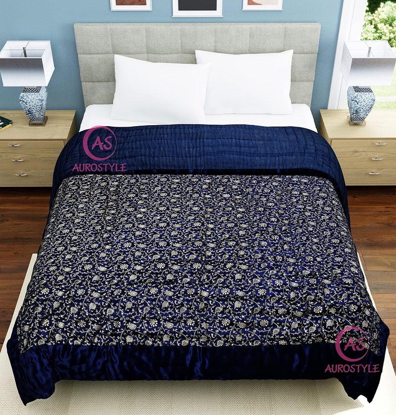 AUROSTYLE Rajasthani Cotton Filled Light Weight Silk Soft Jaipuri AC QuiltRazai Dohar Over All Floral Print Design with Gold Print Quilts Blankets for Home 85x55 InchBlue Jaal Print Single Bed - Image 2