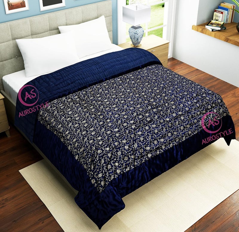 AUROSTYLE Rajasthani Cotton Filled Light Weight Silk Soft Jaipuri AC QuiltRazai Dohar Over All Floral Print Design with Gold Print Quilts Blankets for Home 85x55 InchBlue Jaal Print Single Bed - Image 3